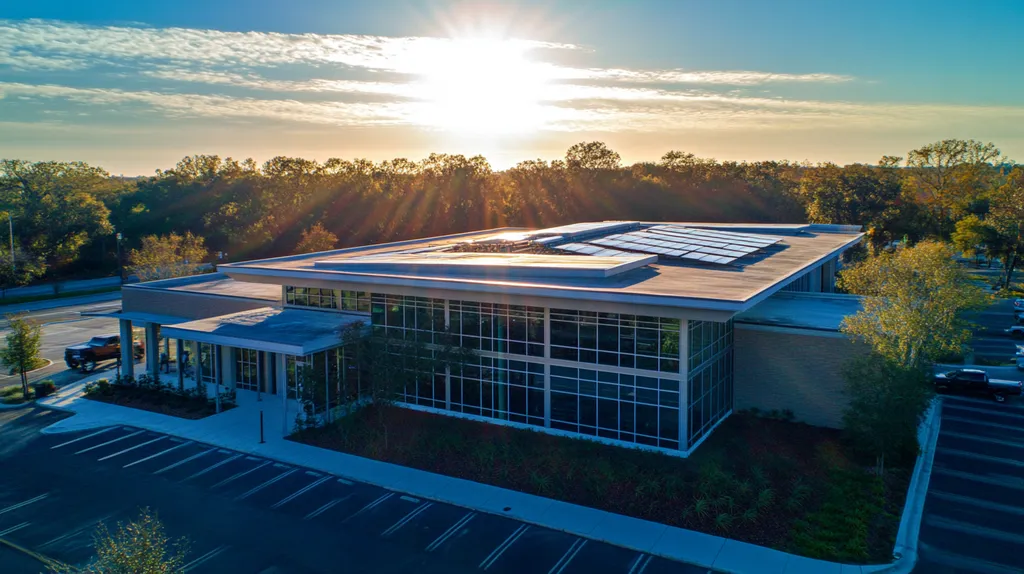 A commercial roof on a public library in a location similar to Tampa with a light beams aesthetic (AI image)