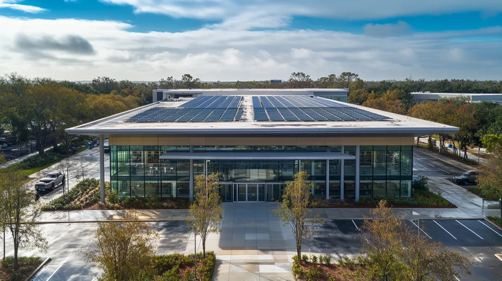 A commercial roof on a public library in a location similar to Tampa with a rainy day aesthetic (AI image)