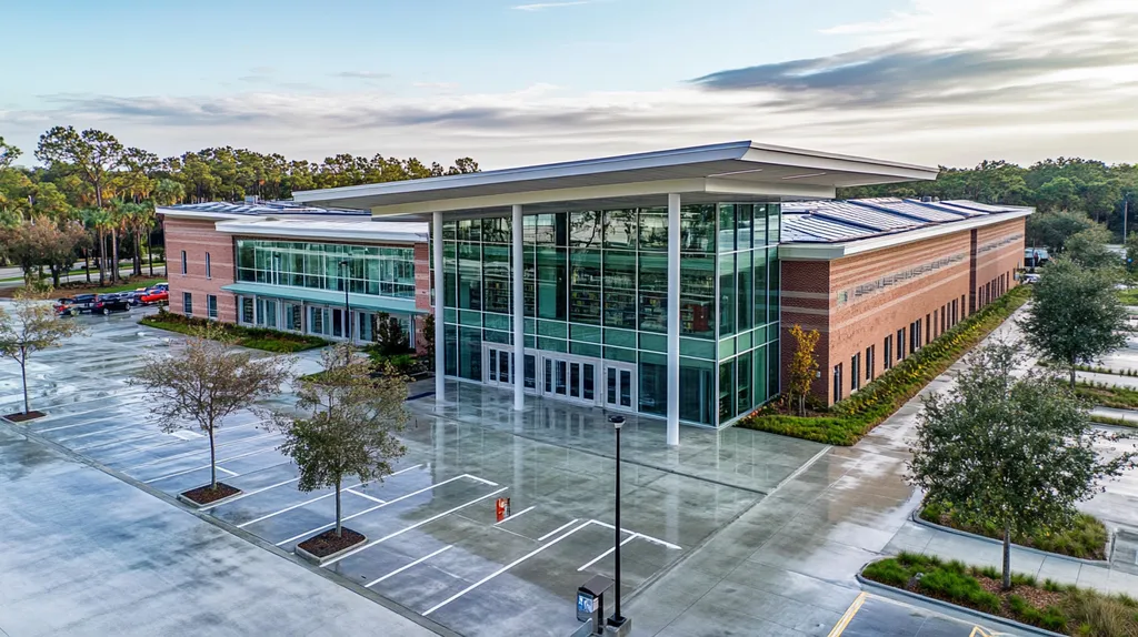 A commercial roof on a public library in a location similar to Tampa with a rainy day aesthetic (AI image)