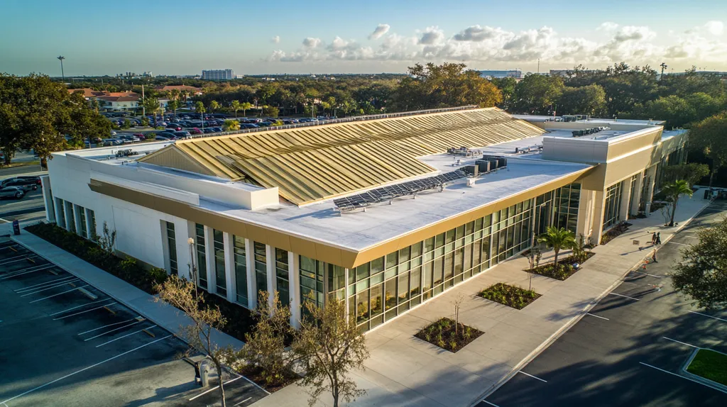 A commercial roof on a public library in a location similar to Tampa with a solid gold aesthetic (AI image)