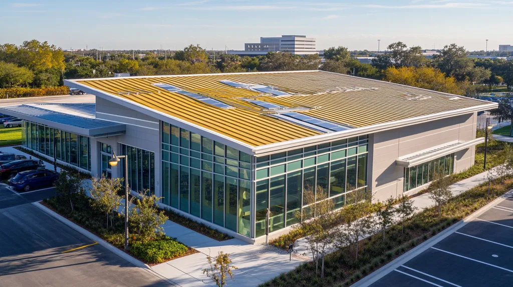 A commercial roof on a public library in a location similar to Tampa with a solid gold aesthetic (AI image)