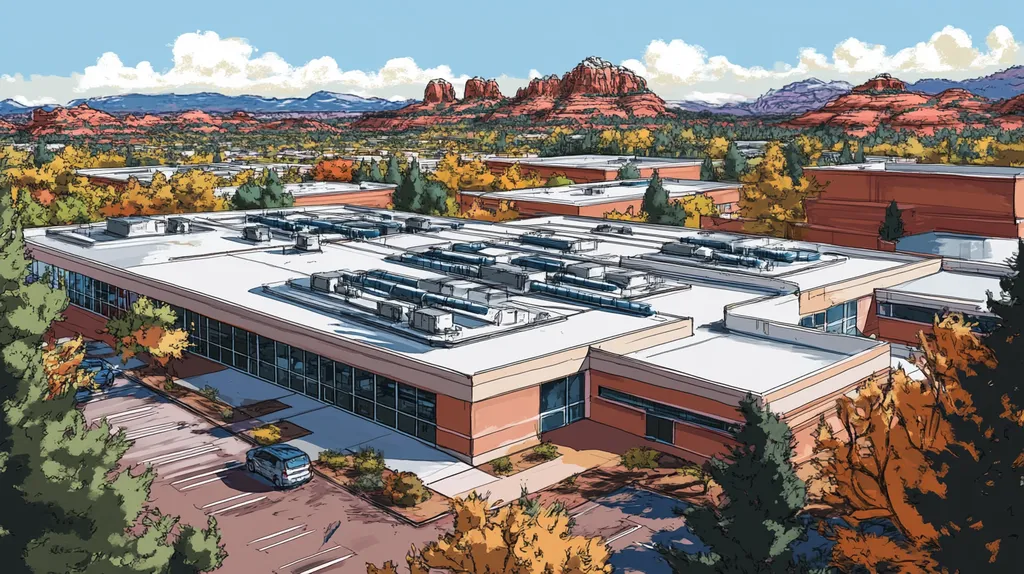 A commercial roof on a research laboratory in a location similar to Sedona with a comic book style aesthetic (AI image)