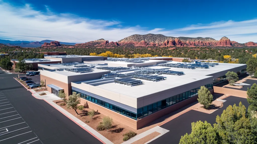 A commercial roof on a research laboratory in a location similar to Sedona with a cross-processed look aesthetic (AI image)