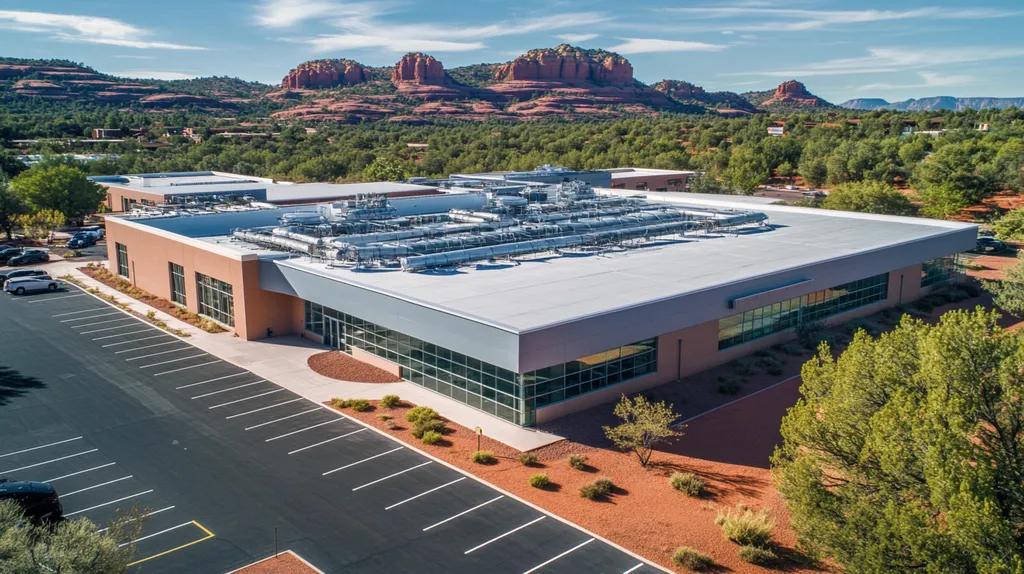 A commercial roof on a research laboratory in a location similar to Sedona with a cross-processed look aesthetic (AI image)
