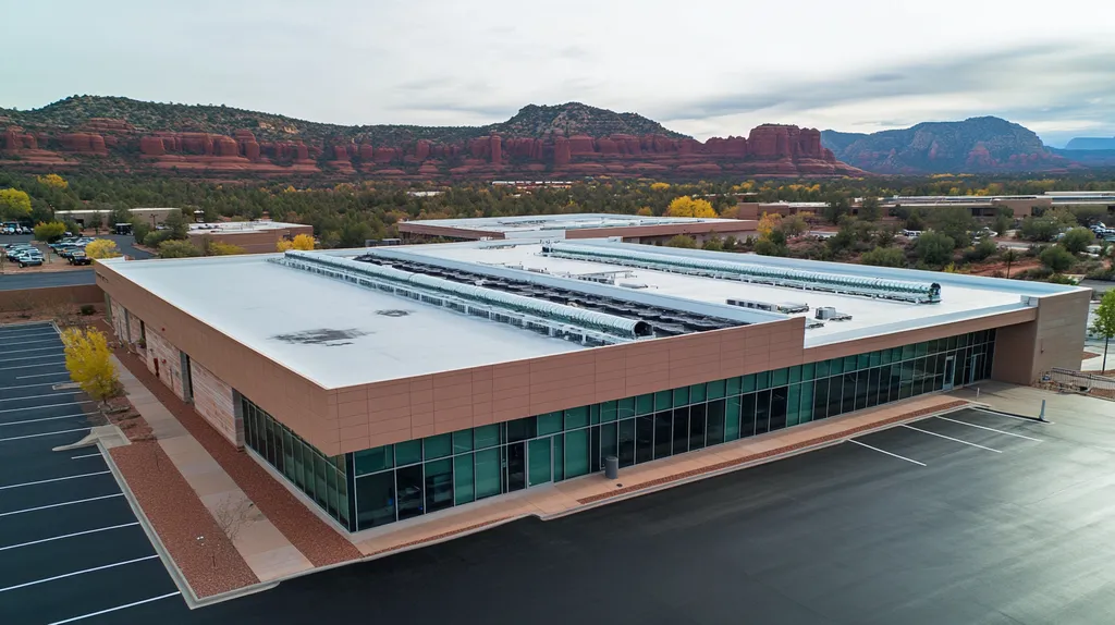 A commercial roof on a research laboratory in a location similar to Sedona with a rainy day aesthetic (AI image)