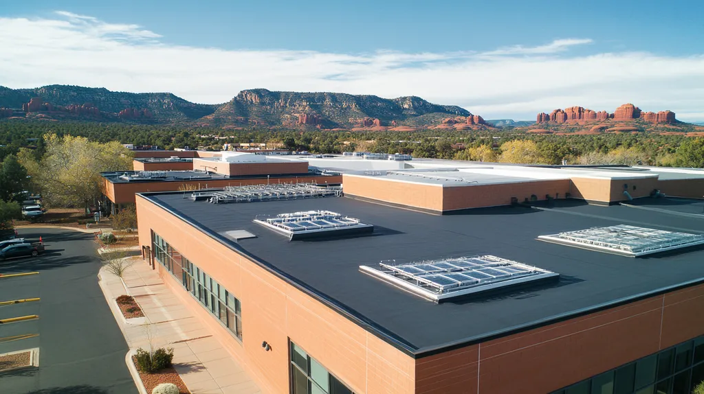 A commercial roof on a research laboratory in a location similar to Sedona with an urban context aesthetic (AI image)