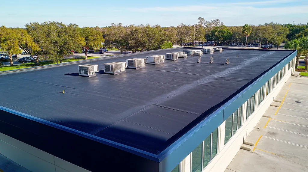A commercial roof on a research laboratory in a location similar to Tampa with a cross-processed look aesthetic (AI image)