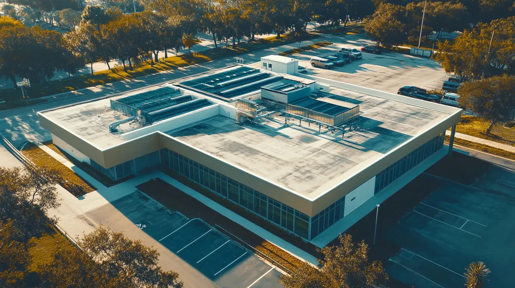 A commercial roof on a research laboratory in a location similar to Tampa with a cross-processed look aesthetic (AI image)