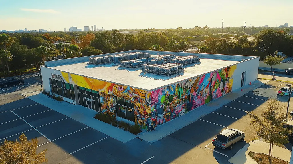 A commercial roof on a research laboratory in a location similar to Tampa with a graffiti mural aesthetic (AI image)