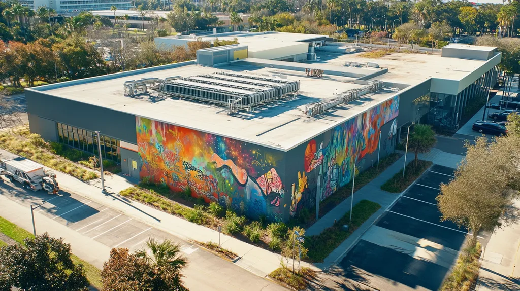 A commercial roof on a research laboratory in a location similar to Tampa with a graffiti mural aesthetic (AI image)