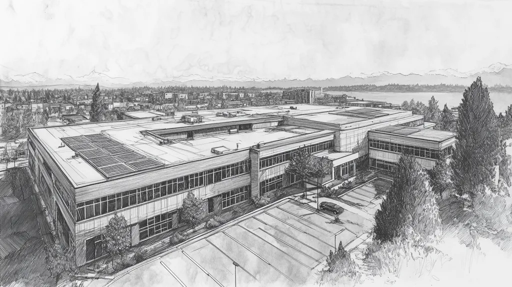 A commercial roof on a school in a location similar to Seattle with a charcoal sketch aesthetic (AI image)