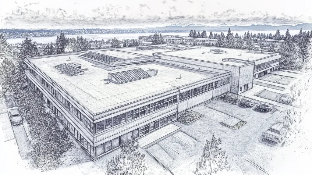 A commercial roof on a school in a location similar to Seattle with a charcoal sketch aesthetic (AI image)