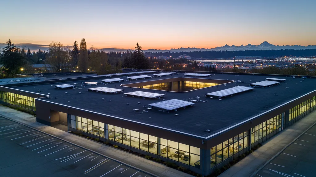 A commercial roof on a school in a location similar to Seattle with an illuminated nightscape aesthetic (AI image)