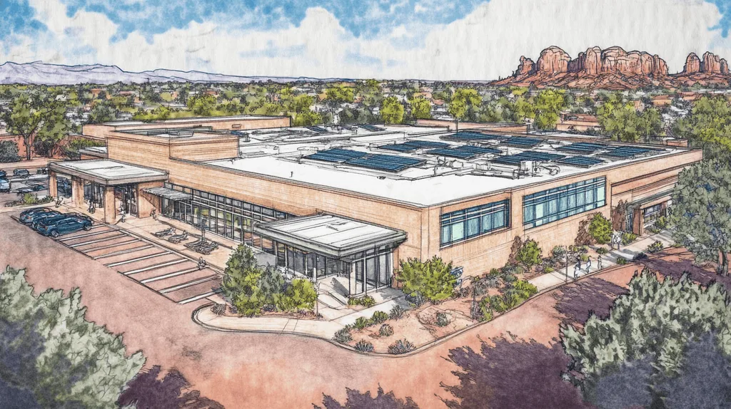 A commercial roof on a school in a location similar to Sedona with a charcoal sketch aesthetic (AI image)