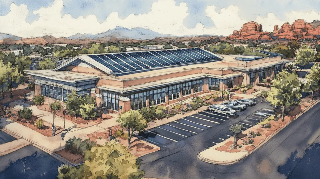 A commercial roof on a school in a location similar to Sedona with a charcoal sketch aesthetic (AI image)