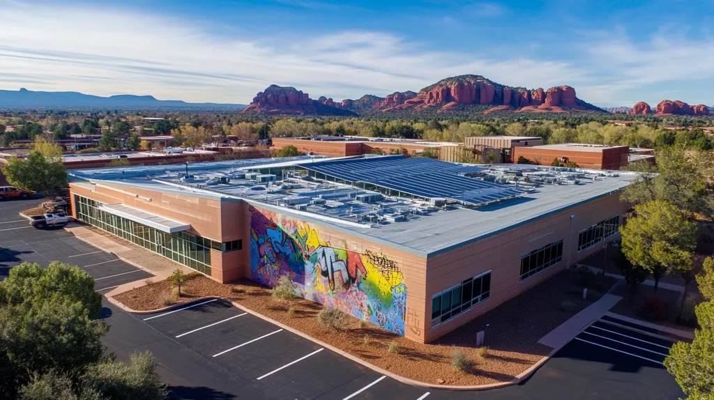 A commercial roof on a school in a location similar to Sedona with a graffiti mural aesthetic (AI image)