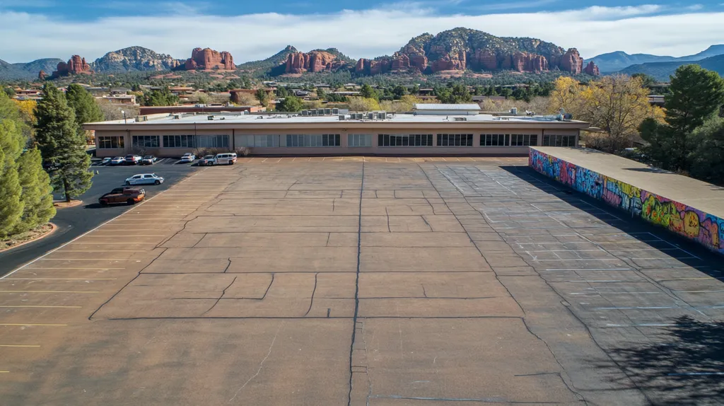 A commercial roof on a school in a location similar to Sedona with a graffiti mural aesthetic (AI image)