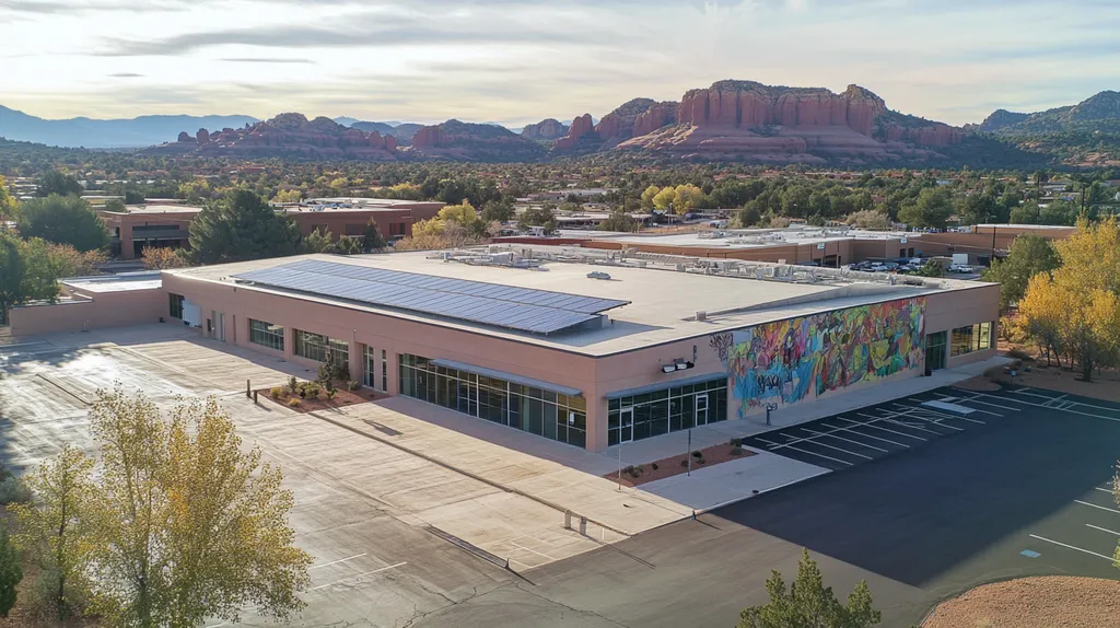 A commercial roof on a school in a location similar to Sedona with a graffiti mural aesthetic (AI image)