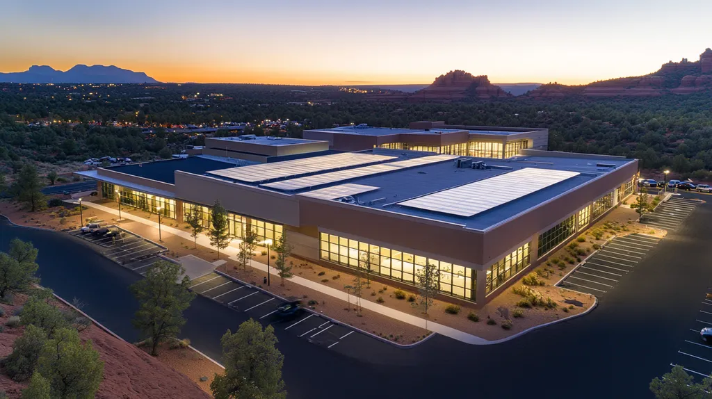 A commercial roof on a school in a location similar to Sedona with an illuminated nightscape aesthetic (AI image)