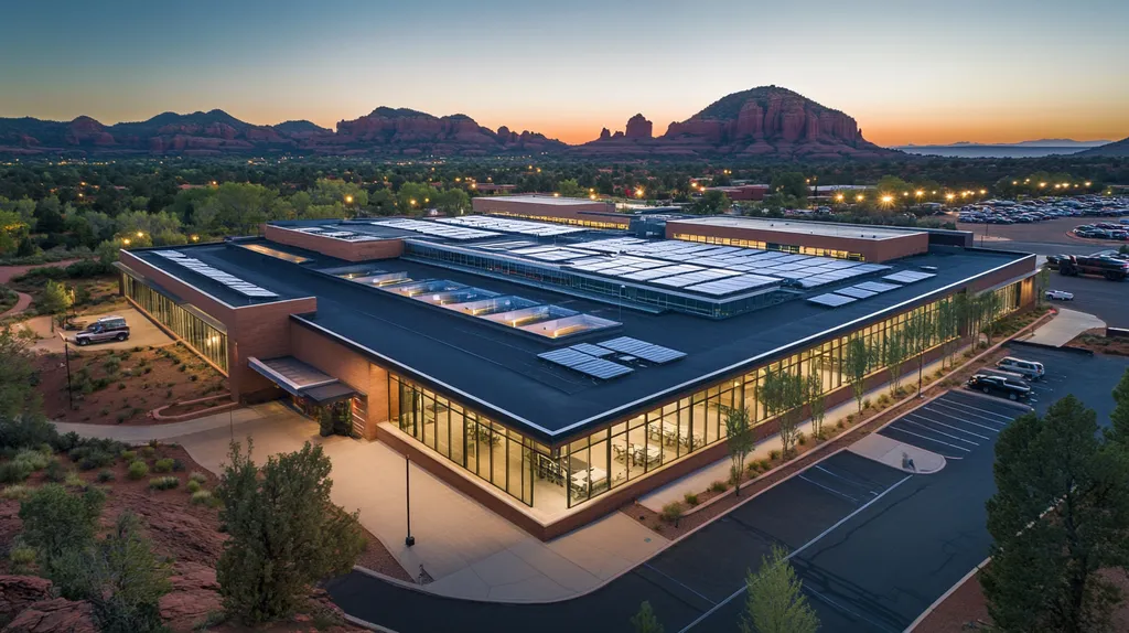 A commercial roof on a school in a location similar to Sedona with an illuminated nightscape aesthetic (AI image)