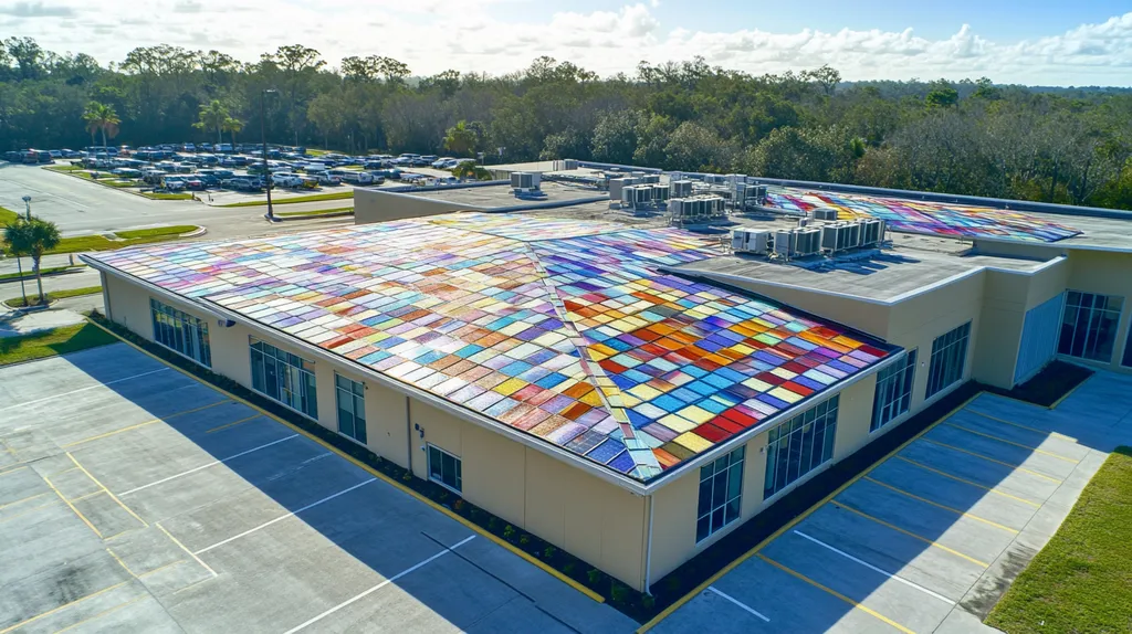 A commercial roof on a school in a location similar to Tampa with a stained glass style aesthetic (AI image)