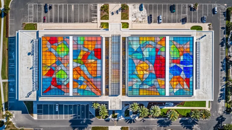 A commercial roof on a school in a location similar to Tampa with a stained glass style aesthetic (AI image)