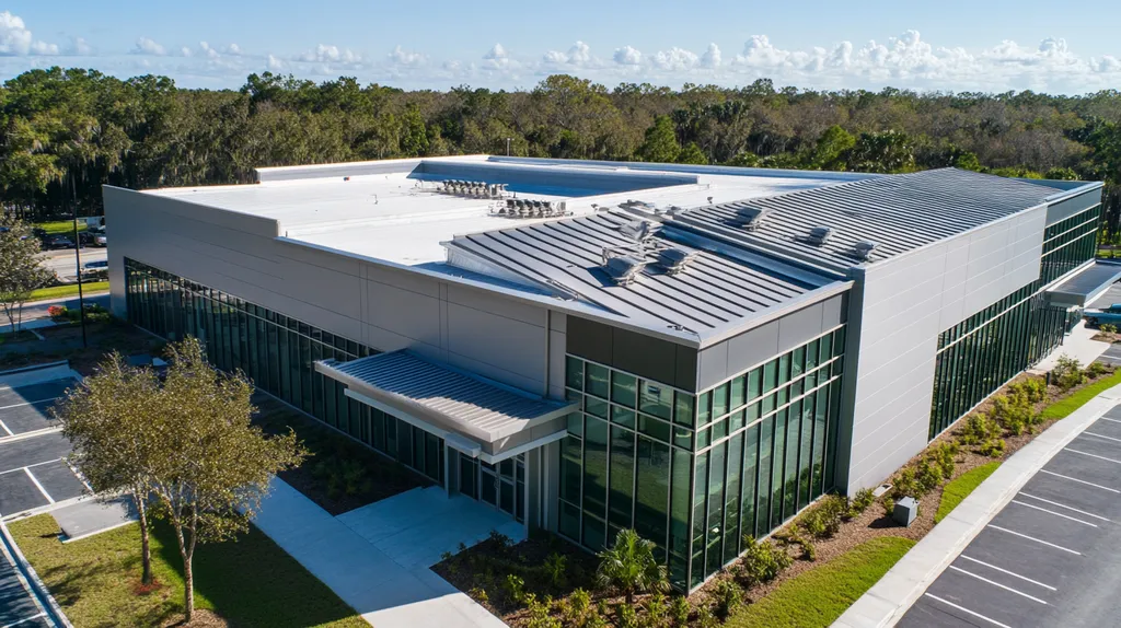 A commercial roof on a school in a location similar to Tampa with a stainless steel aesthetic (AI image)