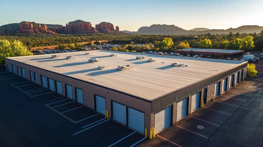 A commercial roof on a storage facility in a location similar to Sedona with an ethereal glow aesthetic (AI image)