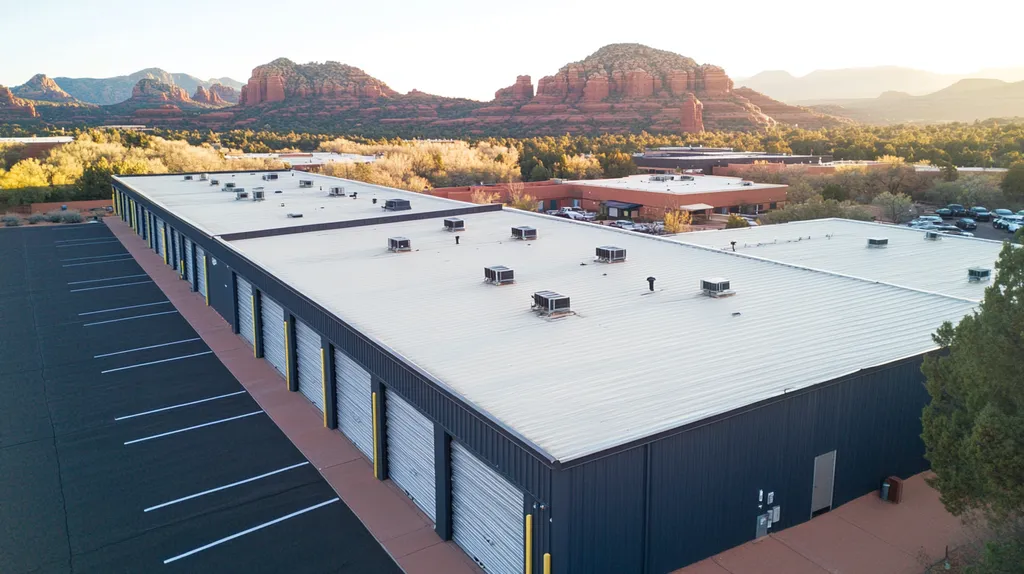 A commercial roof on a storage facility in a location similar to Sedona with an ethereal glow aesthetic (AI image)