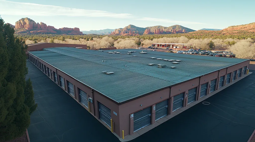 A commercial roof on a storage facility in a location similar to Sedona with an ethereal glow aesthetic (AI image)