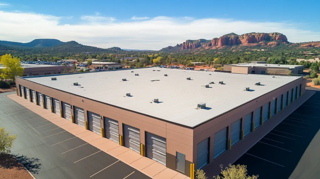 A commercial roof on a storage facility in a location similar to Sedona with an urban context aesthetic (AI image)