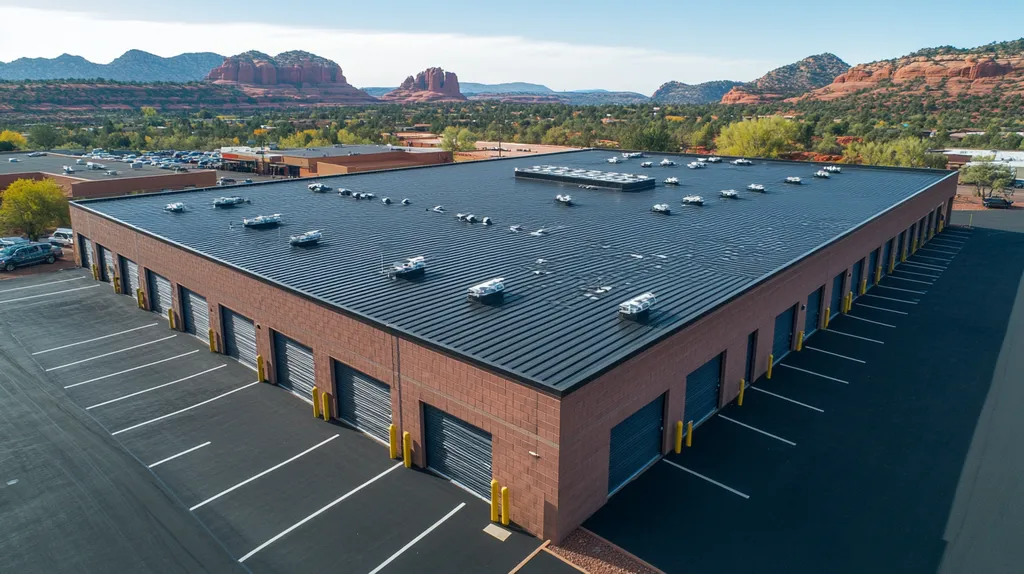 A commercial roof on a storage facility in a location similar to Sedona with an urban context aesthetic (AI image)