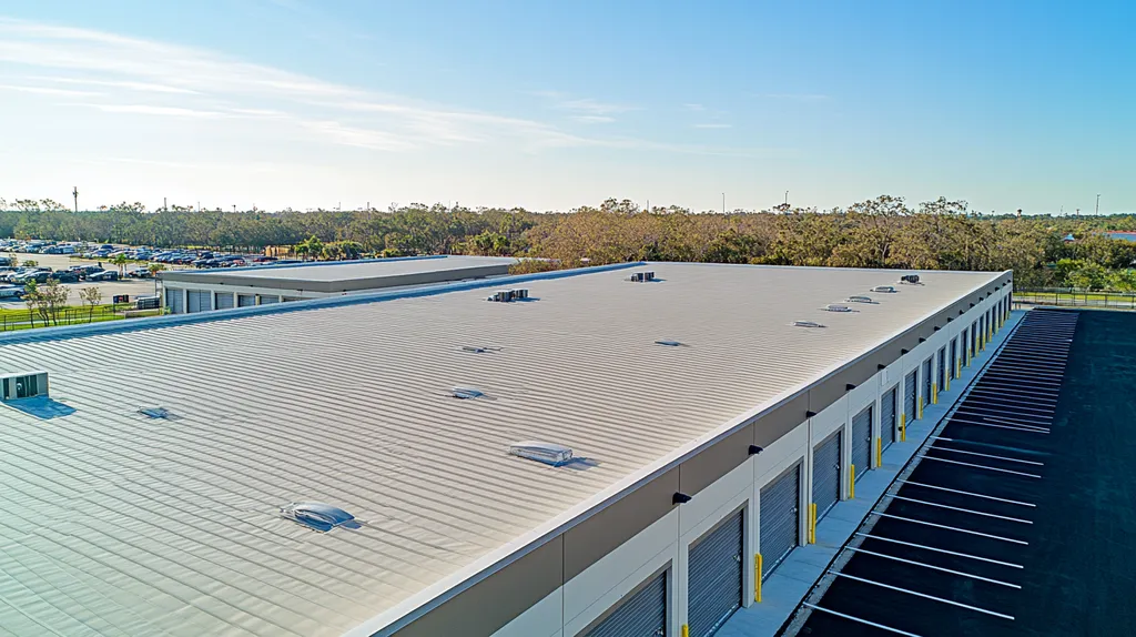 A commercial roof on a storage facility in a location similar to Tampa with an architectural photography aesthetic (AI image)