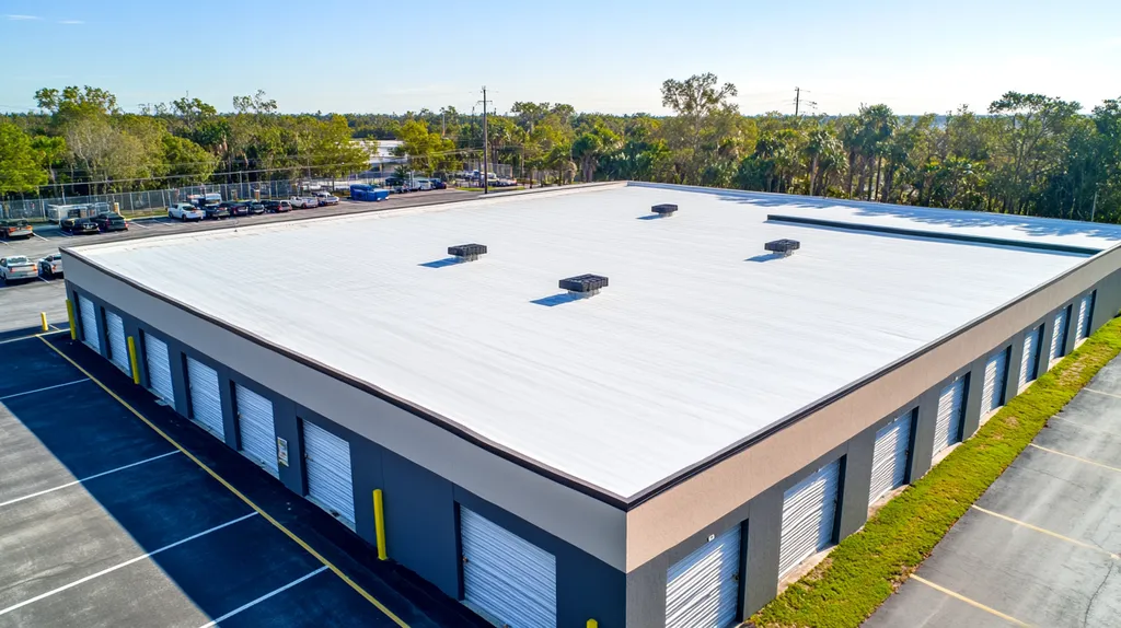 A commercial roof on a storage facility in a location similar to Tampa with an architectural photography aesthetic (AI image)