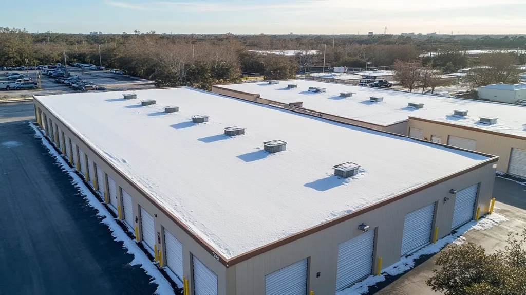 A commercial roof on a storage facility in a location similar to Tampa with a snowy day aesthetic (AI image)