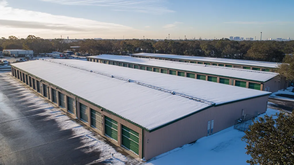 A commercial roof on a storage facility in a location similar to Tampa with a snowy day aesthetic (AI image)