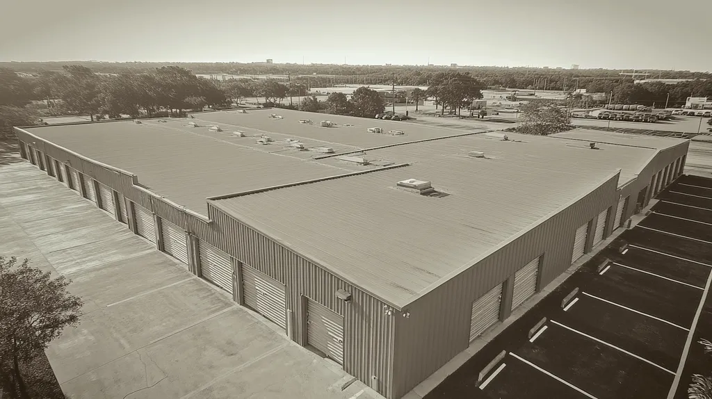 A commercial roof on a storage facility in a location similar to Tampa with a tintype aesthetic (AI image)