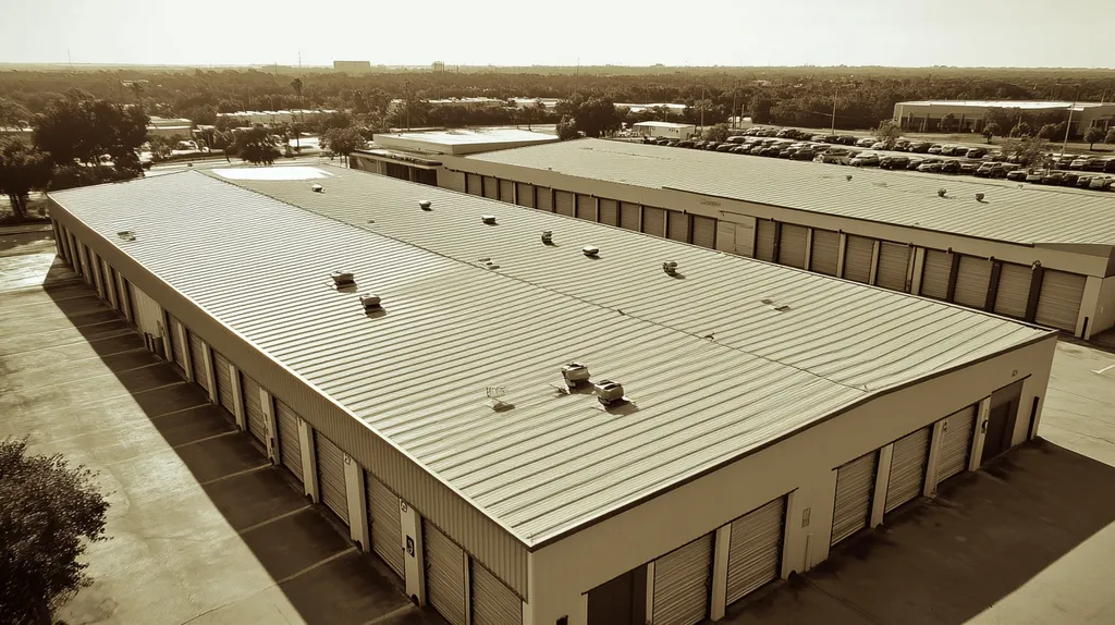 A commercial roof on a storage facility in a location similar to Tampa with a tintype aesthetic (AI image)