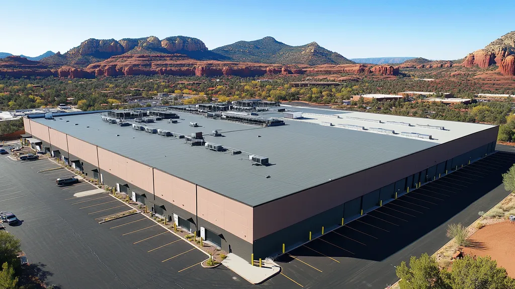 A commercial roof on a warehouse in a location similar to Sedona with a color highlight aesthetic (AI image)