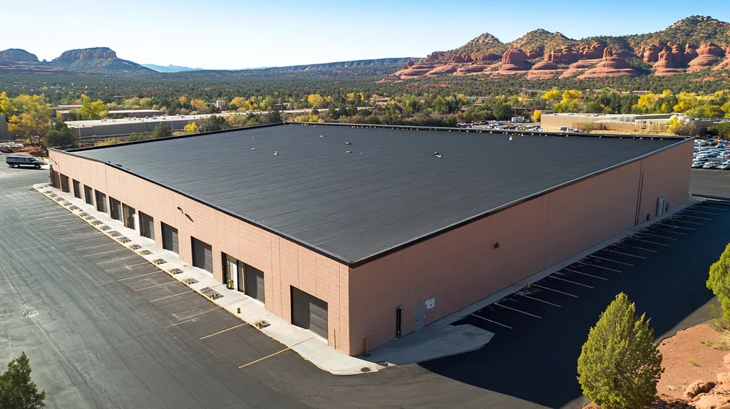 A commercial roof on a warehouse in a location similar to Sedona with a color highlight aesthetic (AI image)
