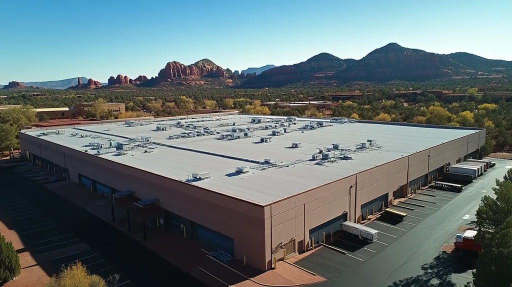 A commercial roof on a warehouse in a location similar to Sedona with a color highlight aesthetic (AI image)