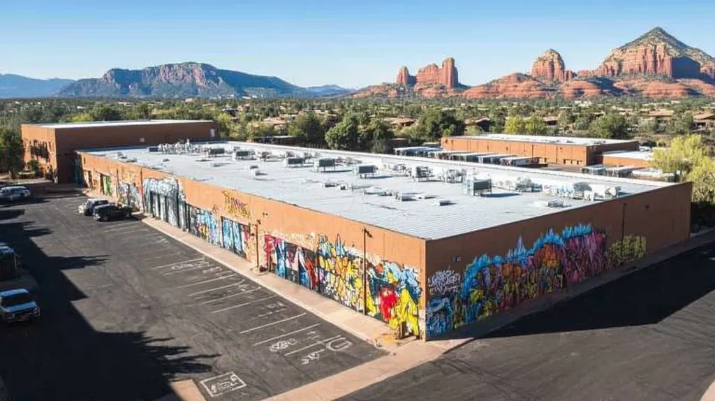 A commercial roof on a warehouse in a location similar to Sedona with a graffiti mural aesthetic (AI image)