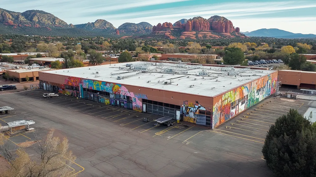 A commercial roof on a warehouse in a location similar to Sedona with a graffiti mural aesthetic (AI image)