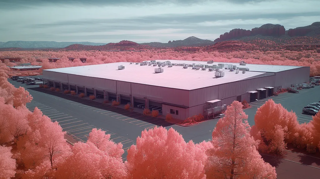 A commercial roof on a warehouse in a location similar to Sedona with an infrared photography style aesthetic (AI image)