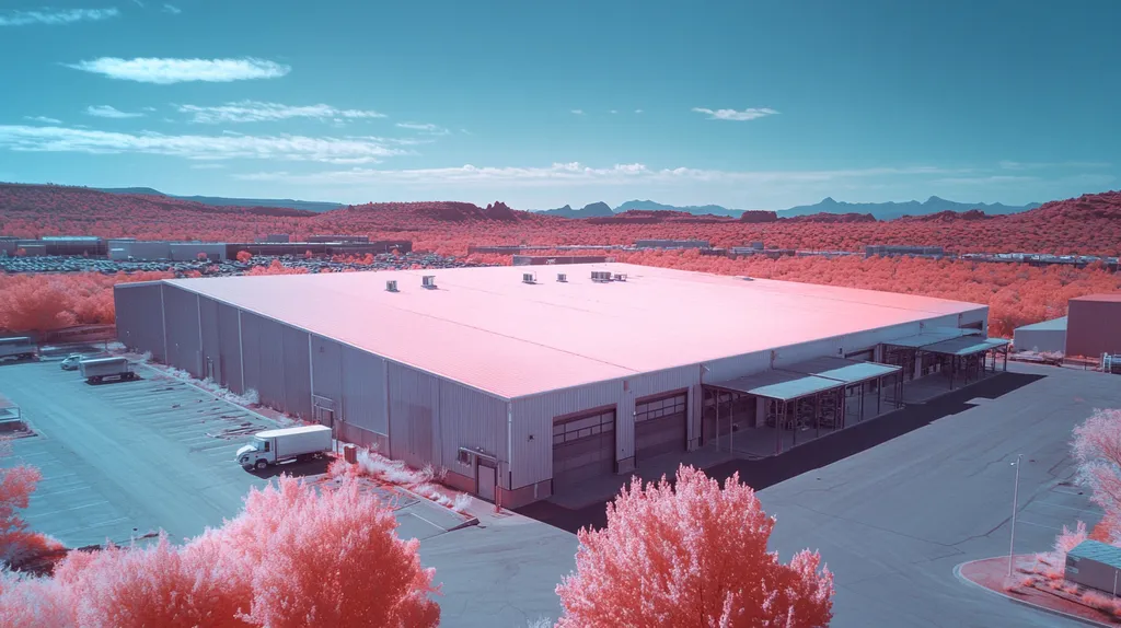 A commercial roof on a warehouse in a location similar to Sedona with an infrared photography style aesthetic (AI image)