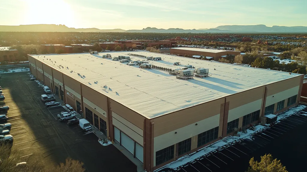 A commercial roof on a warehouse in a location similar to Sedona with a snowy day aesthetic (AI image)