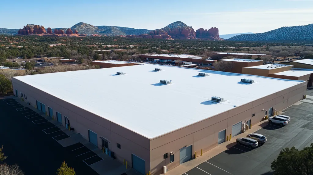 A commercial roof on a warehouse in a location similar to Sedona with a snowy day aesthetic (AI image)