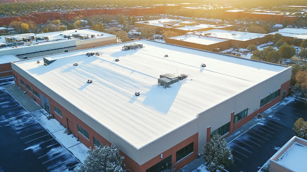 A commercial roof on a warehouse in a location similar to Sedona with a snowy day aesthetic (AI image)