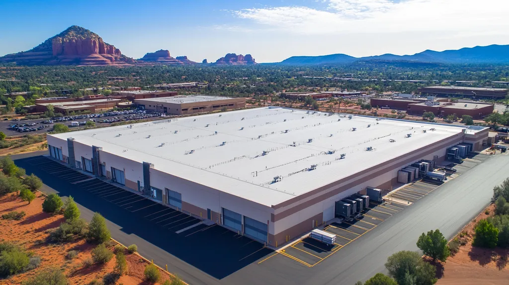 A commercial roof on a warehouse in a location similar to Sedona with an urban context aesthetic (AI image)