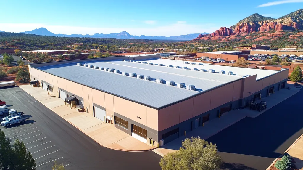 A commercial roof on a warehouse in a location similar to Sedona with an urban context aesthetic (AI image)